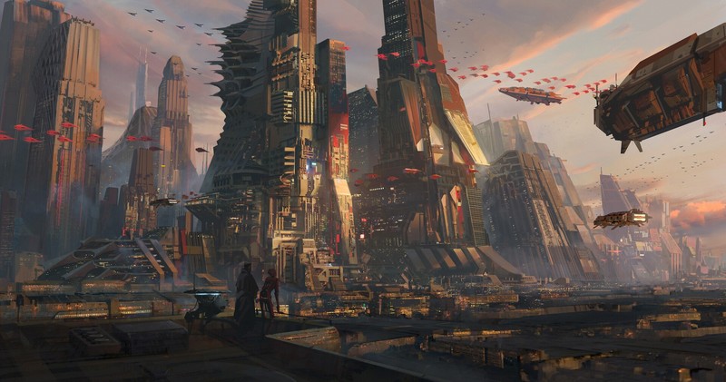 drawing, concept art, landscape, city, futuristic