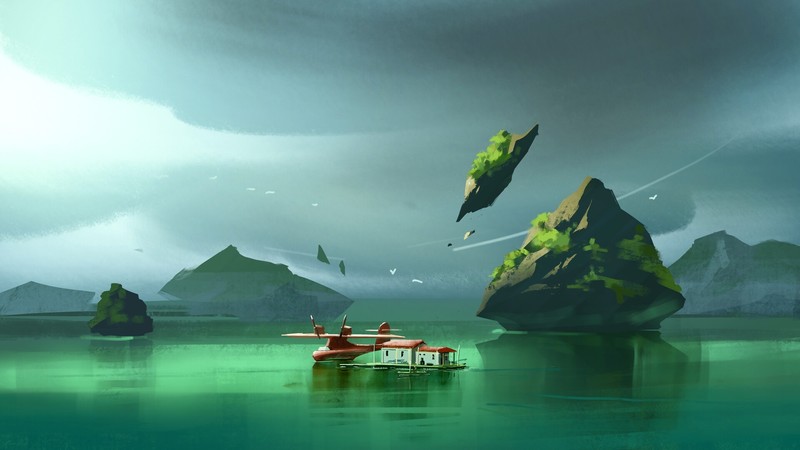Ingram Schell, artwork, sea, planes, island, floating island, birds, house, Porco Rosso