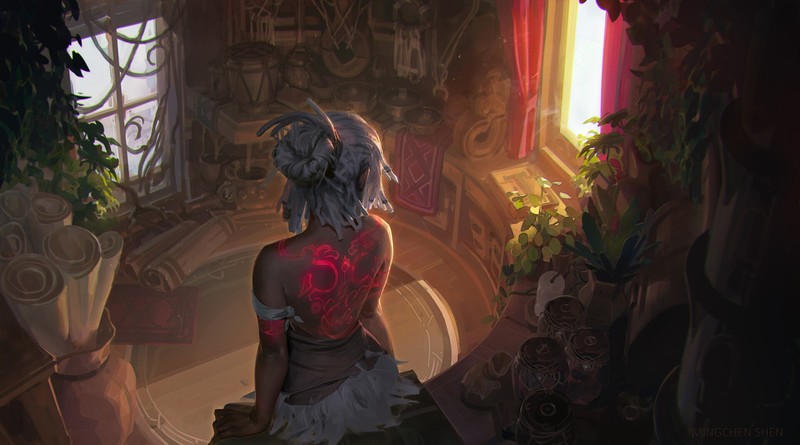 room, women, Final Fantasy XIV: A Realm Reborn, fantasy art, fantasy girl, artwork, plants, back, high angle