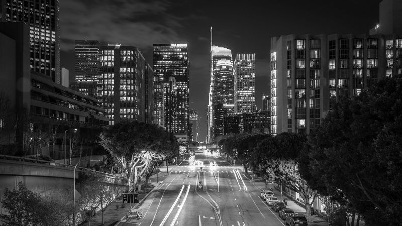 night city, long exposure, bw, city lights, road, buildings, los angeles, california, 4k
