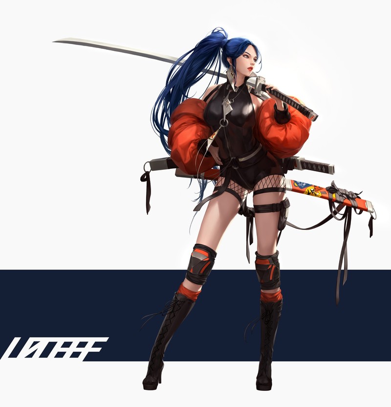 Liz Son, drawing, women, blue hair, long hair, ponytail, looking away, weapon, katana, shorts, fishnet, high heeled boots, earring, jewelry, warrior