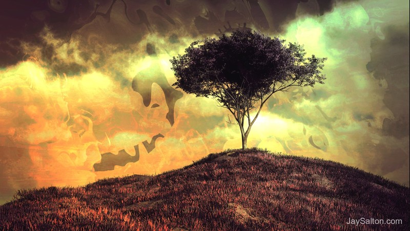 digital art, 3D, trippy, psychedelic, psychonauts, science fiction, fantasy art, trees, orange, burning, hill