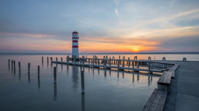 маяк, пирс, море, закат, небо, 4k