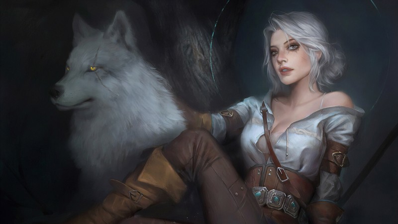 digital art, artwork, video games, women, Ciri, Cirilla, Cirilla Fiona Elen Riannon, The Witcher, The Witcher 3: Wild Hunt, looking at viewer, white hair, wolf