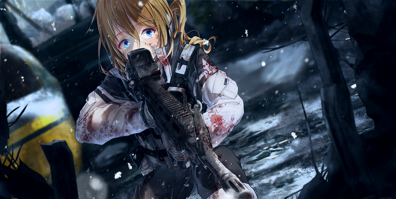 anime, anime girls, rifles, gun, sad, military