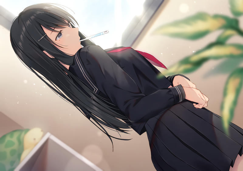 gray eyes, black hair, school uniform, long hair, skirt