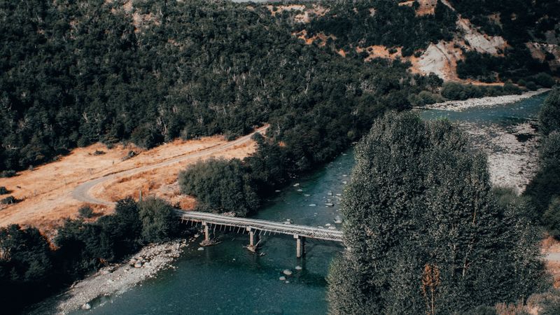 bridge, river, aerial view, mountains, landscape, clouds, 4k