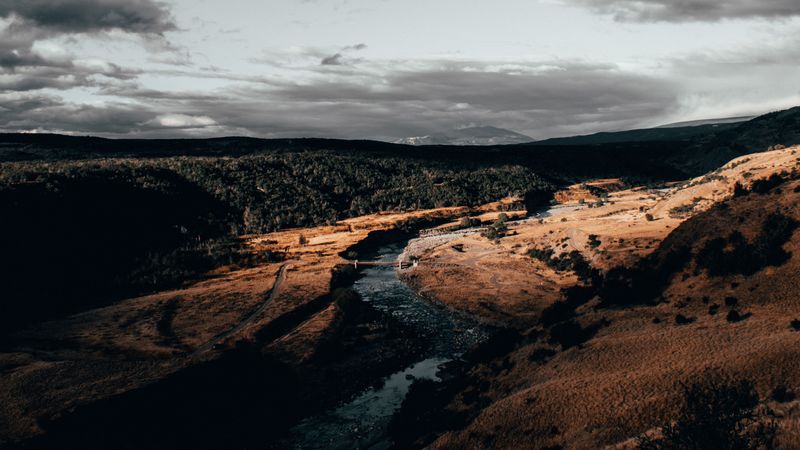 river, over, aerial view, clouds, cloudy, 4k