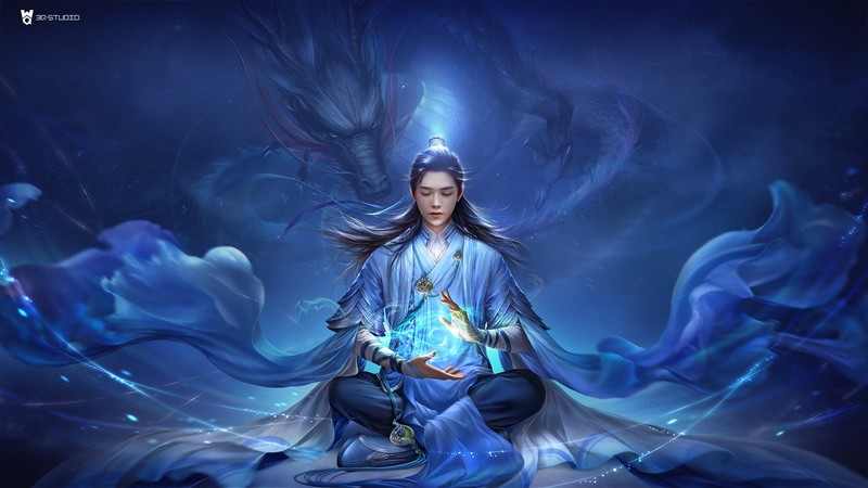 3Q Studio, drawing, men, dark hair, long hair, ponytail, magician, spell, blue clothing, chinese dragon, monks, Serenity, frontal view