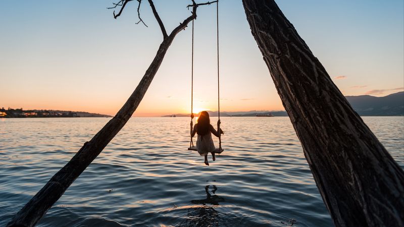 swing, girl, sunset, lake, river, 4k