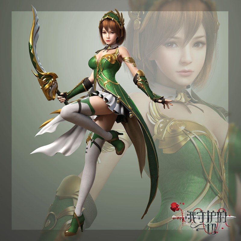 3Q Studio, drawing, women, brunette, short hair, bangs, hair accessories, gold, feathers, brown eyes, dress, thigh high socks, shoes, high heels, archer, bow, weapon, armlet, gloves, frame