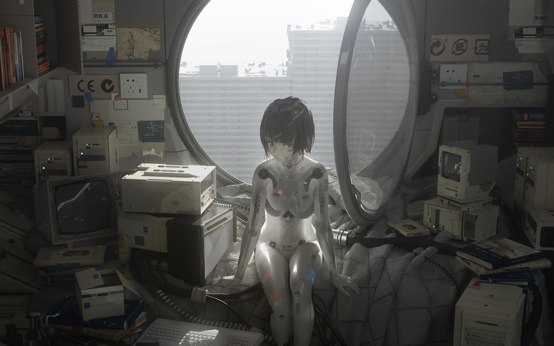 anime, anime girls, digital art, artwork, 2D, portrait, Gynoid, Robots, building, short hair, black hair, black eyes, Retro computers, computer