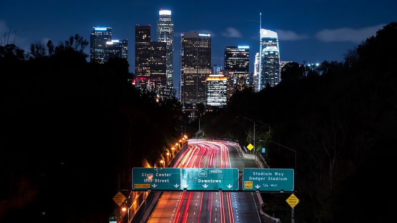night city, long exposure, city lights, road, buildings, los angeles, california, 4k