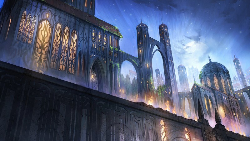 digital, artwork, digital art, fantasy architecture, fantasy art, night, castle, city, low-angle