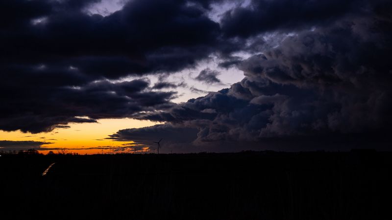 windmill, clouds, night, overcast, horizon, 4k