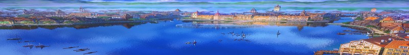 fantasy art, digital art, lake, city, town, daylight, water, harbor, boat, artwork