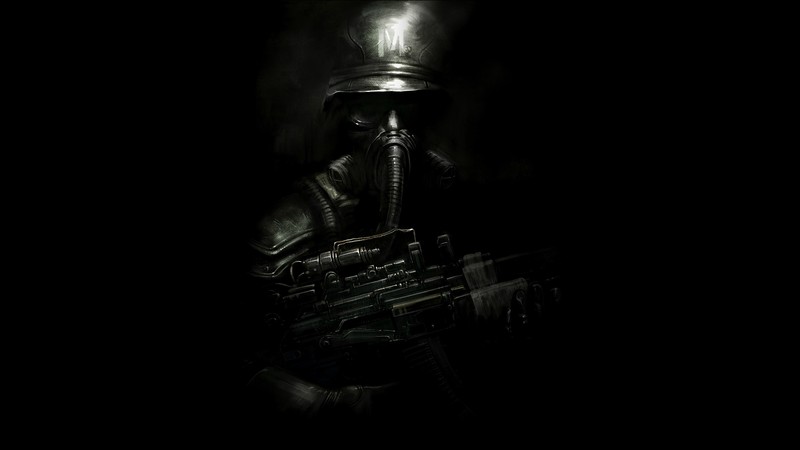 Metro 2033, gas masks, dark, black, weapon, helmet, military, apocalyptic, Moscow, video game art, digital, AK-74M, frontal view