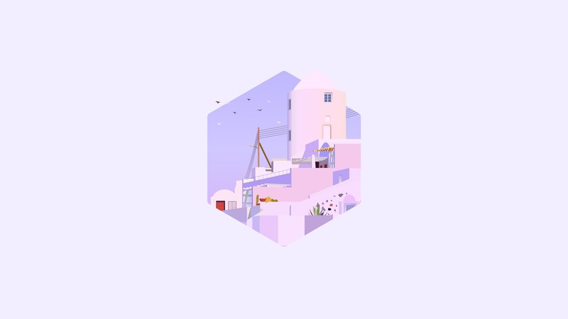 city, purple, purple background, birds, hexagon, power lines, street light
