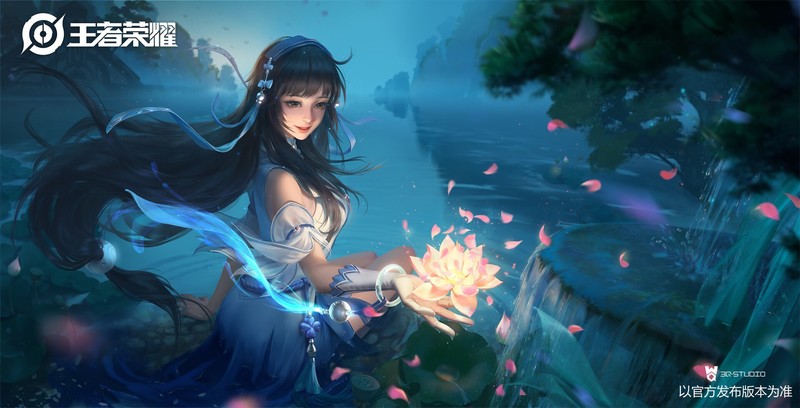 3Q Studio, dark hair, hair accessories, flowers, petals, night, water, dress, blue, smiling, wind, nature, glowing, anime girls, anime, fantasy girl