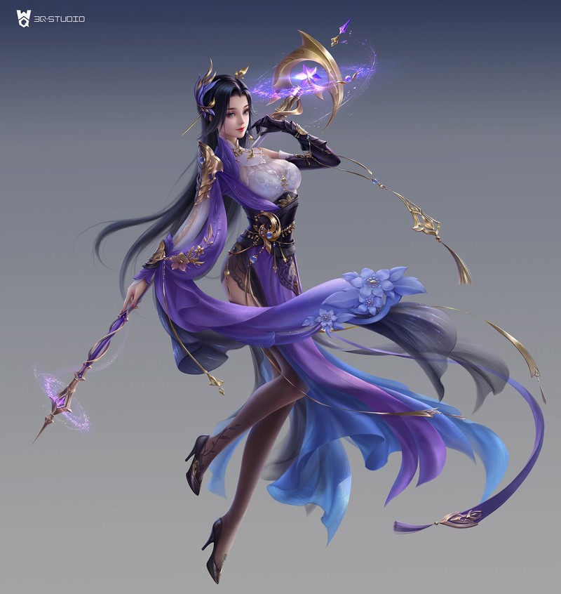 3Q Studio, drawing, women, dark hair, long hair, Asian, dress, purple clothing, high heels, floating, magician, staff, simple background, fantasy girl