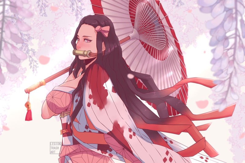 fantasy girl, big boobs, anime girls, umbrella, anime, long hair, dark hair, Kimetsu no Yaiba, Kamado Nezuko
