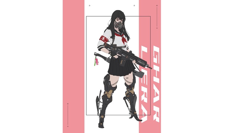 simple background, weapon, mask, cyberpunk, anime, anime girls, machine gun, dark hair