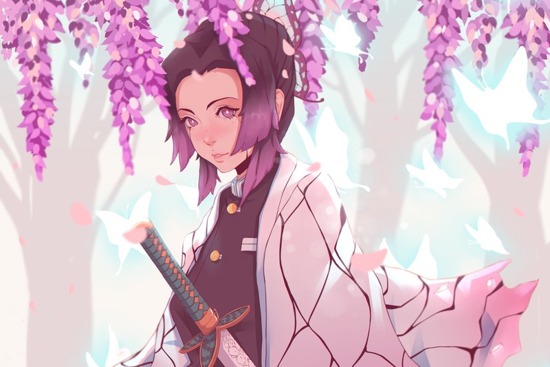 fantasy girl, sword, anime girls, anime, purple eyes, katana, purple, Kimetsu no Yaiba, Kochou Shinobu