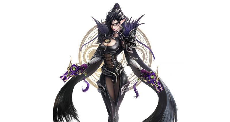 fan art, Bayonetta, video games, video game girls, fantasy girl, white background, pointy ears, long hair, dark hair