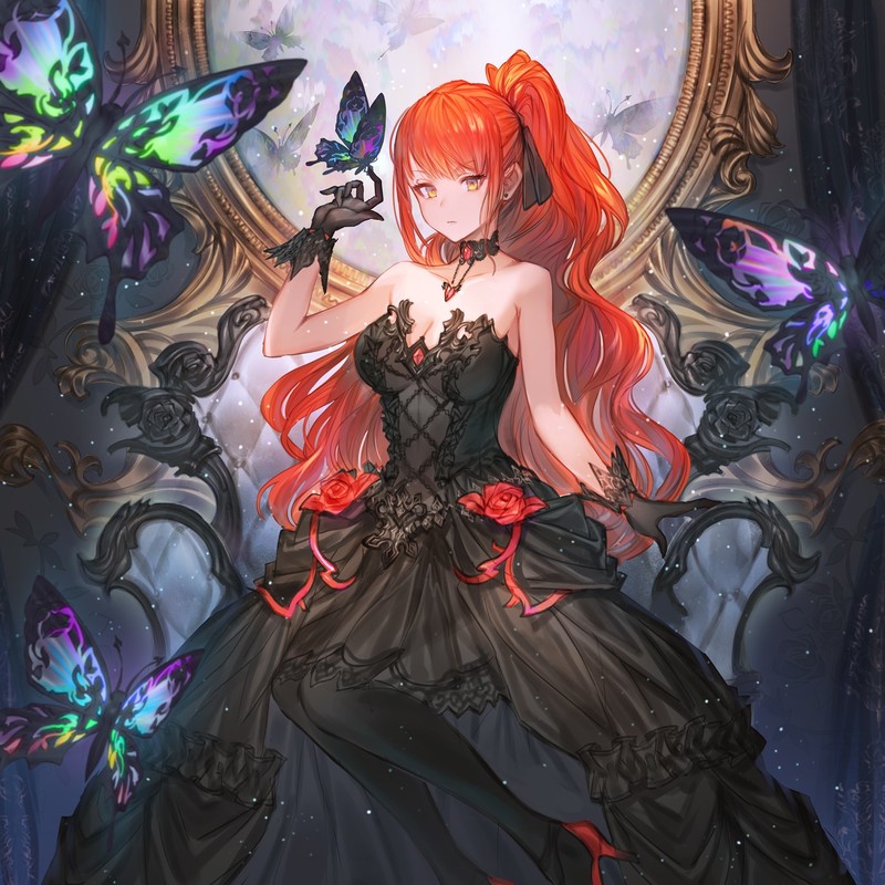 anime girls, anime, digital art, artwork, 2D, portrait display, vertical, redhead, fantasy girl, long hair, butterflies