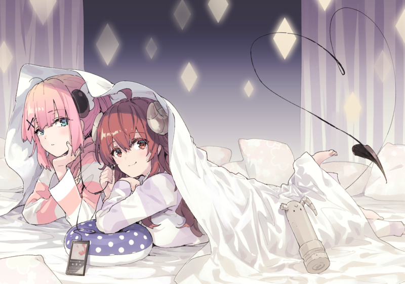 anime, anime girls, digital art, artwork, 2D, portrait, smartphone, in bed, pink hair, Yoshida Yuuko, Machikado Mazoku, Chiyoda Momo, demon girl