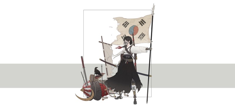 samurai, anime girls, anime, cyborg, cyberpunk, simple background, flag, mask, sword, katana