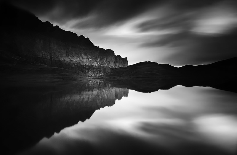 nature, landscape, water, reflection, monochrome, mountains, dark
