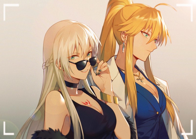 anime, anime girls, digital art, artwork, 2D, portrait, shades, blonde, necklace, long hair