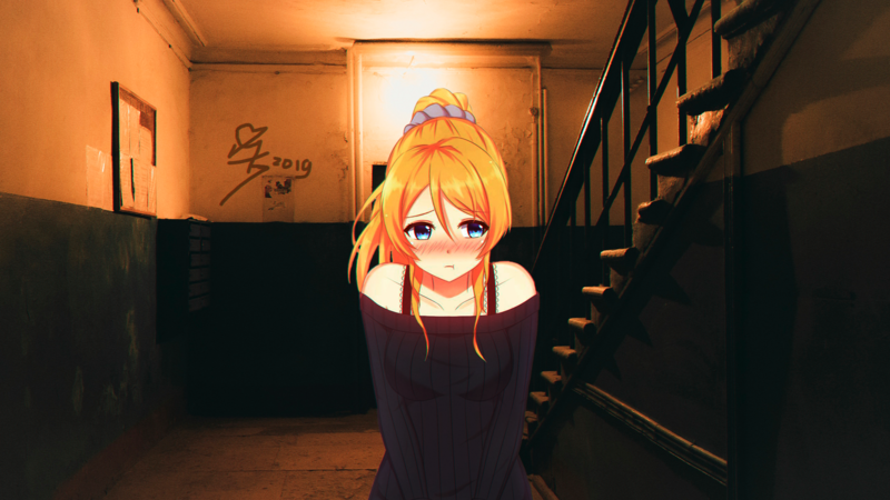 anime, anime girls, anime_irl, shy, staircase, dark, house, Russia, blonde, blue eyes, Love Live Series, Love Live!, Ayase Eli, Ayase Eri