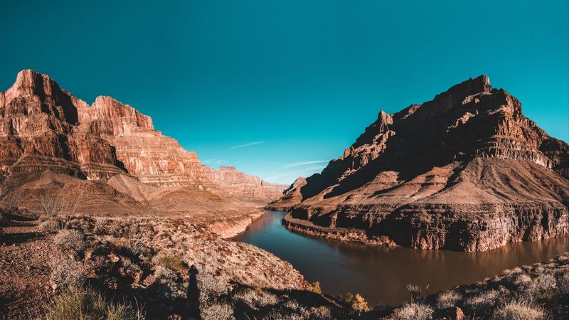 mountain, valley, river, lake, landscape, 4k
