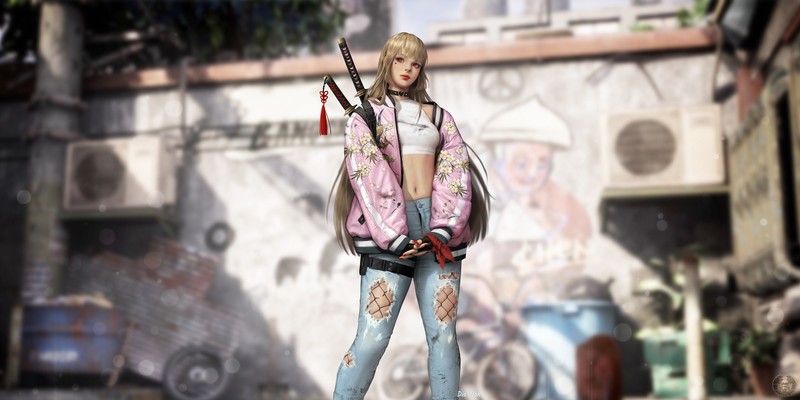 anime girls, katana, render, small boobs, belly button, Pink jacket, blond hair, white tops, long hair, original characters, 3D, women with swords, red eyes, graffiti, fencenet stockings