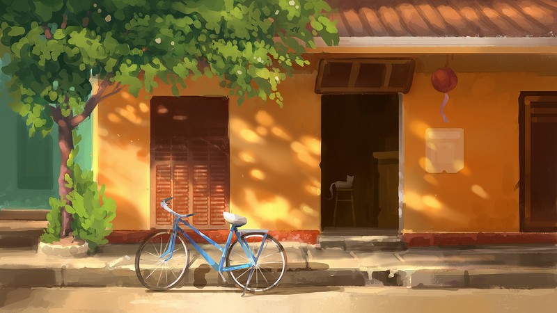 bicycle, digital art, artwork, street, town, trees, road, sidewalks, pavements, painting, door, wall, vehicle