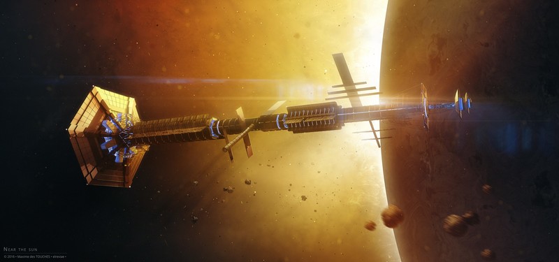 Elreviae, space, spaceship, Sun, asteroids, dark, science fiction, dark side, 2016 (Year), vehicle, space art, digital art