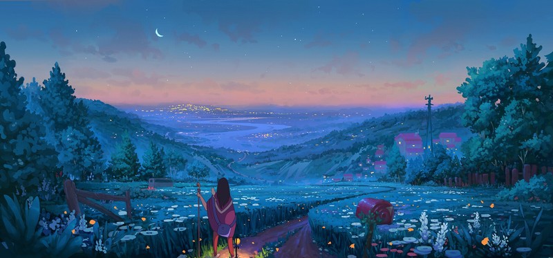 Denis Istomin, Mailbox, artwork, forest, trees, river, flowers, lantern, sunset, Van, fantasy art, sky