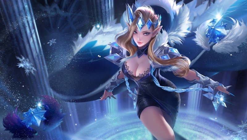 Yue Yue, drawing, women, blonde, crown, long hair, wavy hair, gems, sapphire, hair accessories, dress, snow flakes, snow, magician, spell, cleavage, blue eyes, looking at viewer, tight clothing, tight dress, fur, fantasy girl, pointy ears