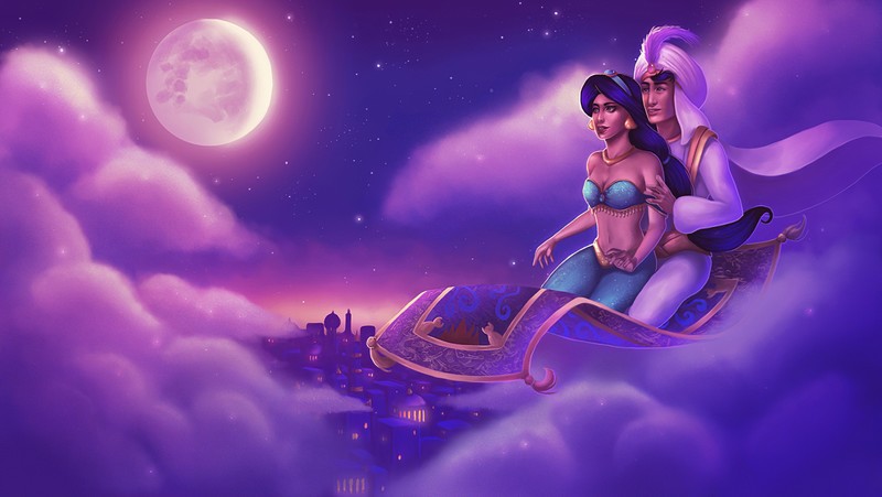 Aladdin, cartoon, digital, fantasy art, magic, carpet, Jasmine, Disney, Fantasy Men, fantasy girl, Moon