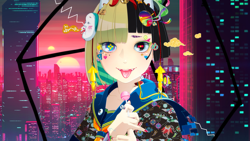 anime, anime girls, artwork, simple background, Takahashi Hiroyuki-Mitsume, colorful, face, tongue out