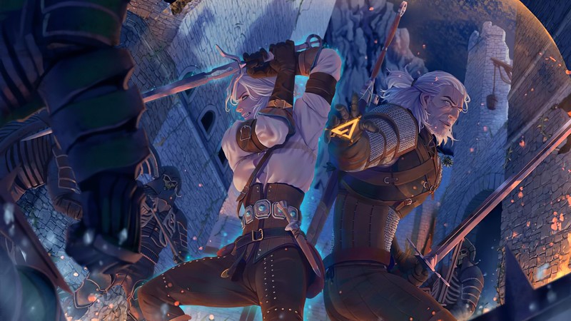 The Witcher, fantasy art, digital art, digital, night, medieval, Ciri, Geralt of Rivia, The Witcher 3: Wild Hunt, magic, battle, sword, people, video game art