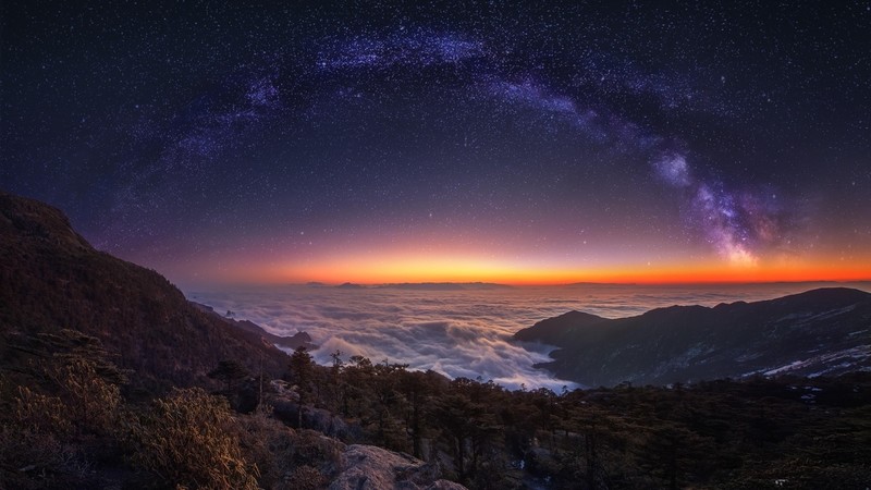 night sky, stars, horizon, landscape, mountains, Milky Way, dawn, national park, nature