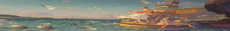 anime, digital, sea, water, seagulls, women, buoy, vacation, daylight