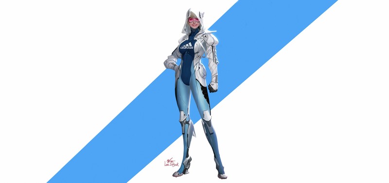 Adidas, women, futuristic, cyborg, simple background, artwork, cyberpunk, standing