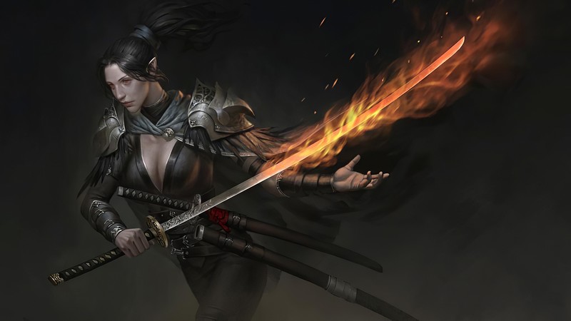 digital, fantasy art, fantasy armor, sword, katana, samurai, digital painting, fantasy girl, fire