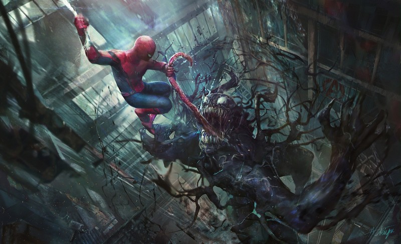 Venom, artwork, Spider-Man, high angle