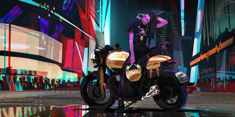city, cityscape, artwork, women, motorcycle, vehicle