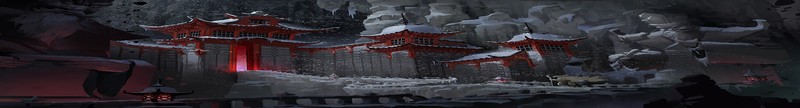 architecture, digital, building, cave, cold, winter, concept art, environment, ice, landscape, snow, staircase, statue, lantern, structure, Feudal Japan, Japan, fantasy architecture, fantasy art, town